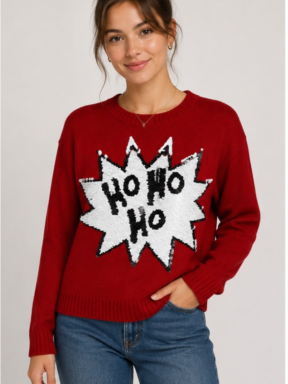 H&M Red Crewneck Sweater with White Sequin 'Ho Ho Ho' Graphic